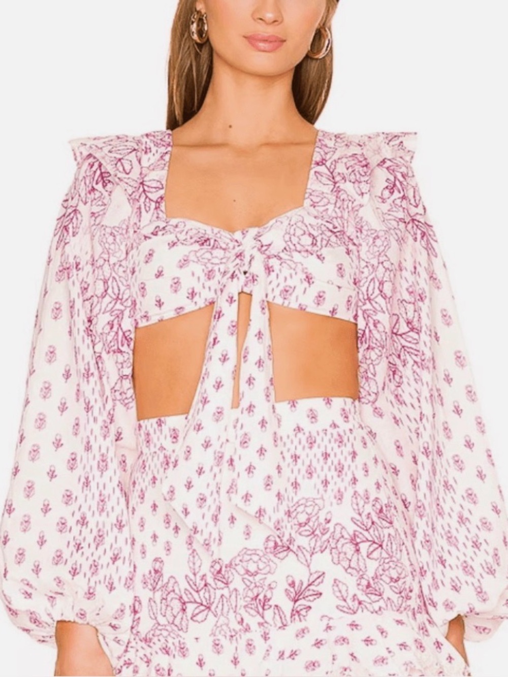 Worn once - Hemant & Nandita Suki Balloon Sleeve Floral Pink White Crop Top XS